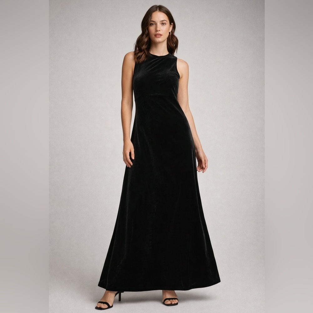 Vintage MOLLY MALLOY Dress 12 Velvet Velour Evening Sheath Maxi Black Whimsigoth